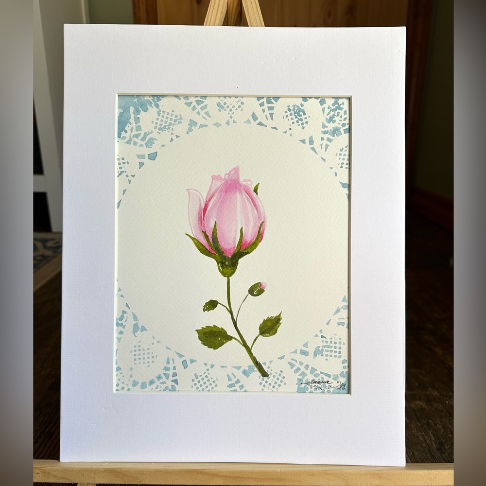 Hand-Made New Watercolor Art Rose and Lace